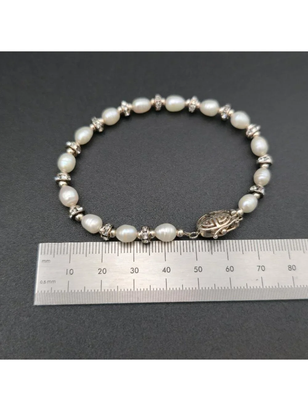 7.5 Inch Sterling Silver Freshwater Pearl Crystal Rondelle Spacer Bracelet A8159